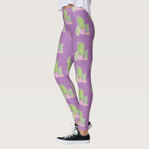 Legging Padrão de Planta de Vaso de Cacto em Aquarela Roxo