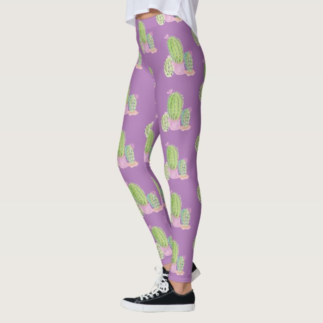 Legging Padrão de Planta de Vaso de Cacto em Aquarela Roxo (Esquerda)