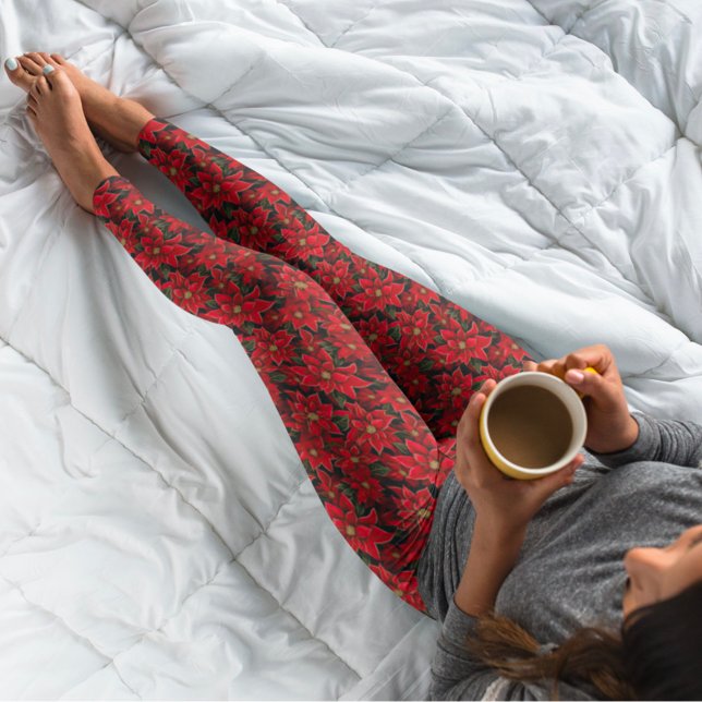 Legging Padrão de Poinsettia Natal de Férias Vermelhas (Criador carregado)