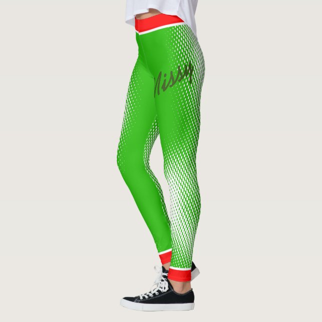 Legging Padrão de ponto branco em verde com seu nome (Esquerda)