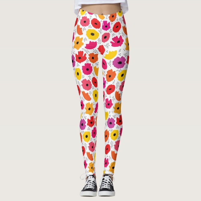 Legging Padrão de Pontos Florais Laranja Vermelho Cor-de-R (Frente)