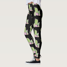 Legging Padrão de Pote do Cactus Watercolor Preto
