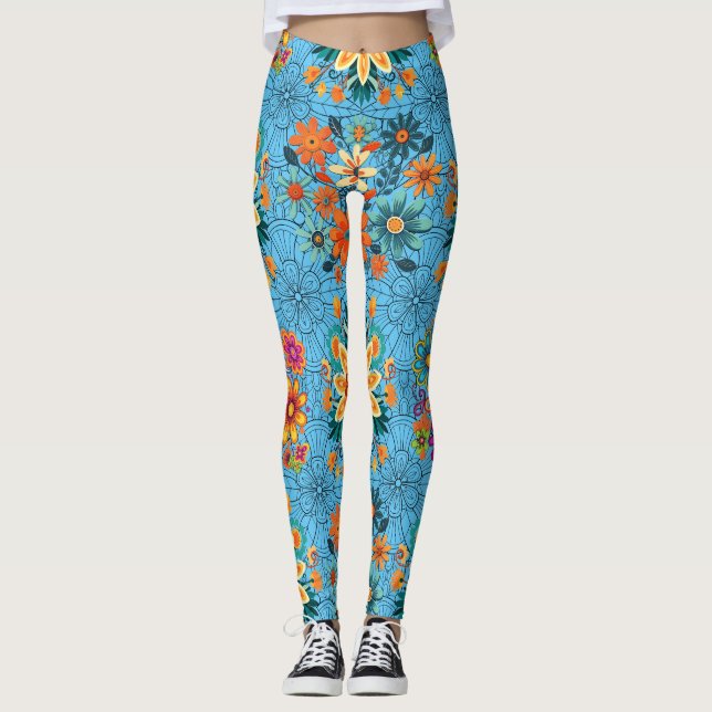 Legging Padrão de potes florais multicores. preto L azul B (Frente)