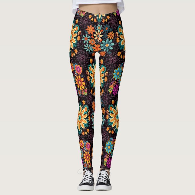 Legging Padrão de Potes Flores de Várias Cores - Preto ros (Frente)