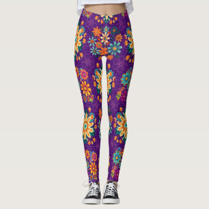 Legging Padrão de Potes Flores de Várias Cores - Roxo rosa
