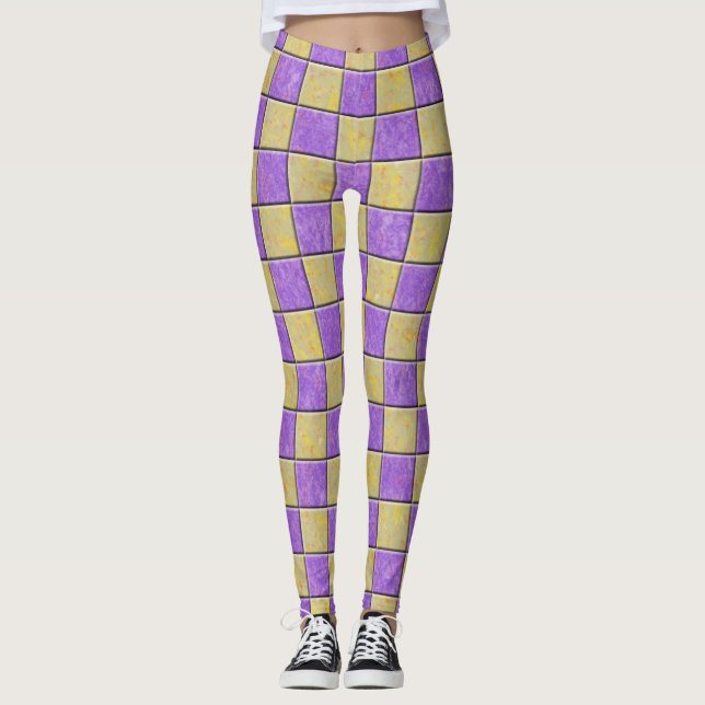 Legging Padrão de quadrados Dourados e roxos (Frente)