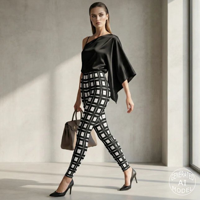 Legging Padrão de Quadrados Geométricos em Preto e Branco  (Criador carregado)