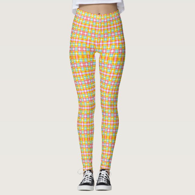 Legging Padrão de Quadrados Rosa Cores de Primavera (Frente)