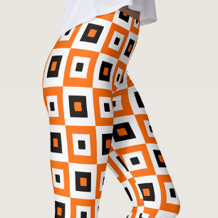 Legging Padrão de Quadrados Xadrez Laranja Preto e Branco