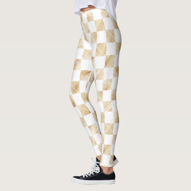 Legging Padrão de Quadro de Verificação Dourado Branco Mod (Esquerda)