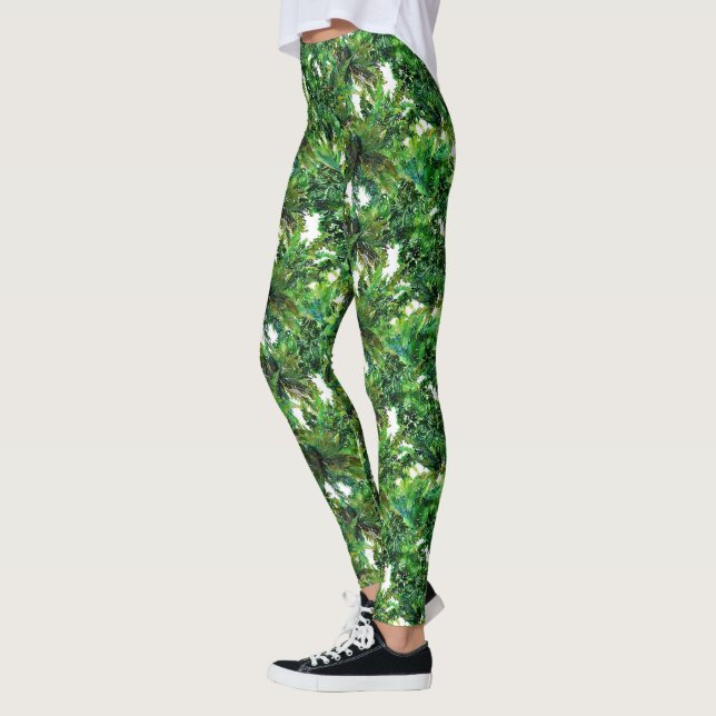 Legging Padrão de queda da floresta verde-aquarela (Esquerda)