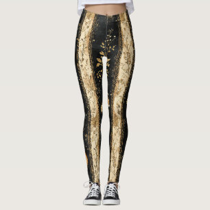 Legging Padrão de Raposa Botânica Preto e Dourado de Luxo