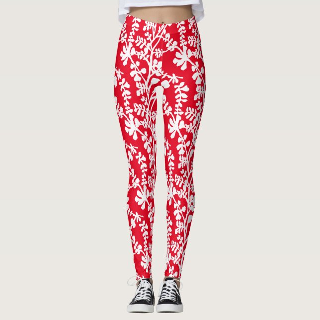 Legging Padrão De Repetição Floral Vermelho E Branco (Frente)