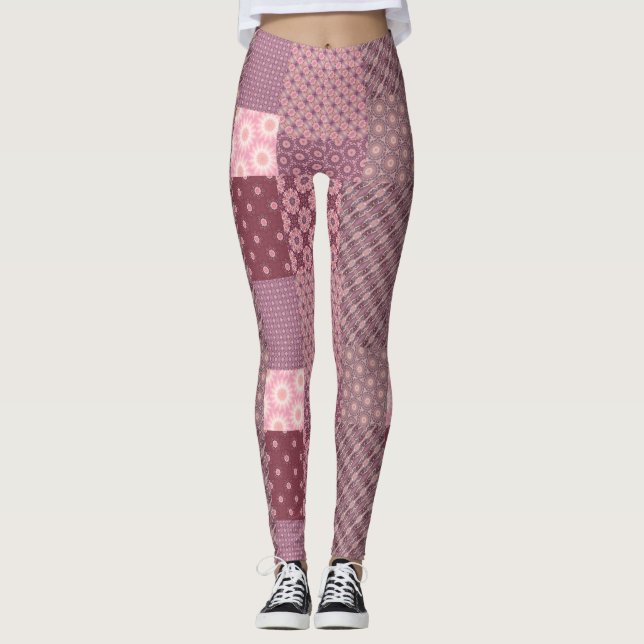 Legging Padrão de retalhamento rosa e borgonha (Frente)