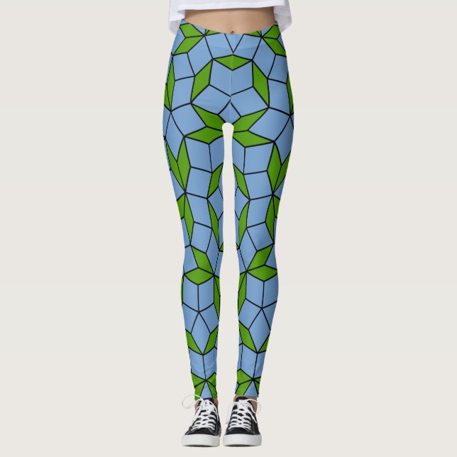 Legging Padrão de Rhombus Penrose Verde e Azul (Frente)