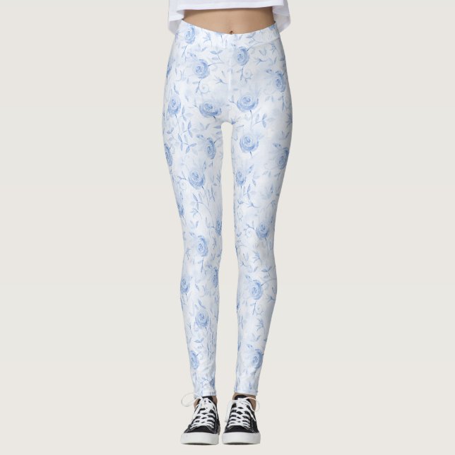Legging Padrão de Rosa Azul Floral (Frente)