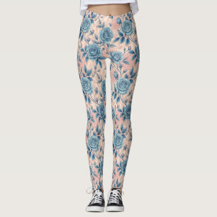 Legging Padrão de Rosa Azul Retroativo no Fundo Cor-de-Ros