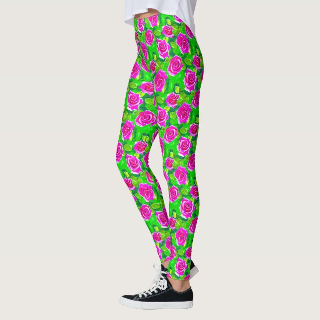Legging Padrão de Rosa de Aquarela Rosa Fuchsia (Esquerda)