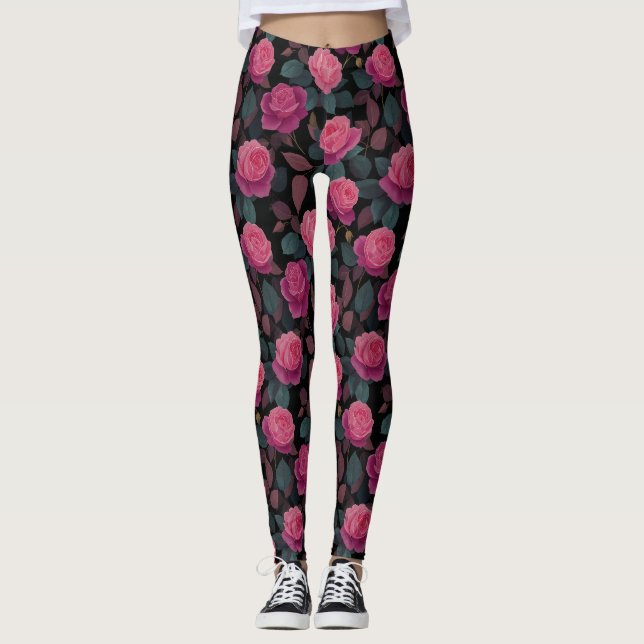 Legging Padrão de Rosa Floral Rosa Escuro (Frente)