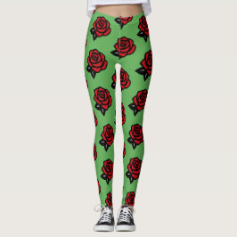 Legging Padrão de Rosa Vermelha em Verde