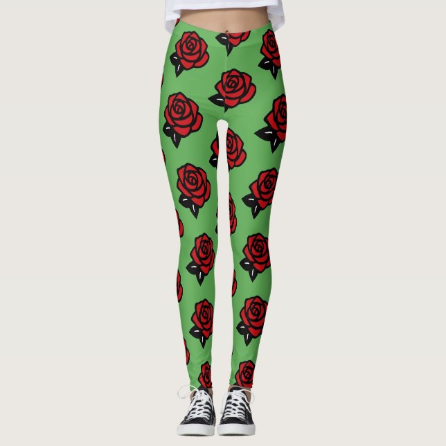 Legging Padrão de Rosa Vermelha em Verde  (Frente)