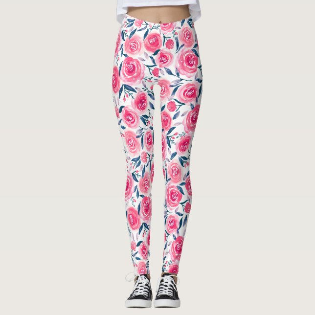 Legging Padrão de Rosas de Aquarela Floral Rosa (Frente)