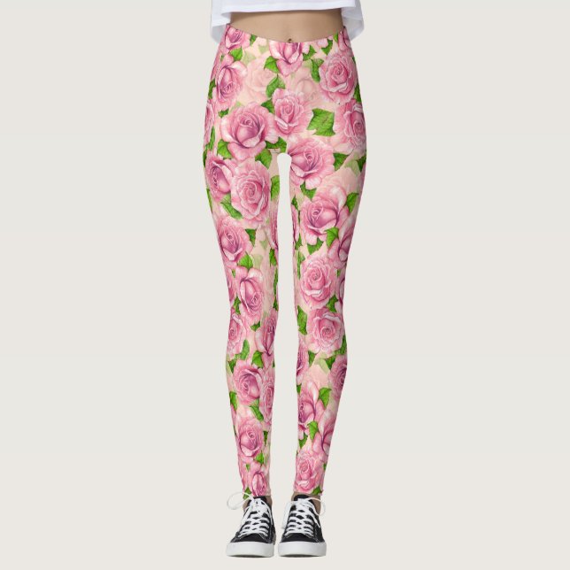 Legging Padrão de rosas de aquarela rosa (Frente)