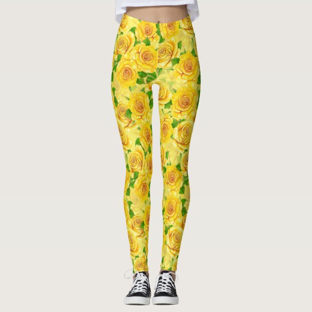 Legging Padrão de rosas de aquarelas amarelas (Frente)
