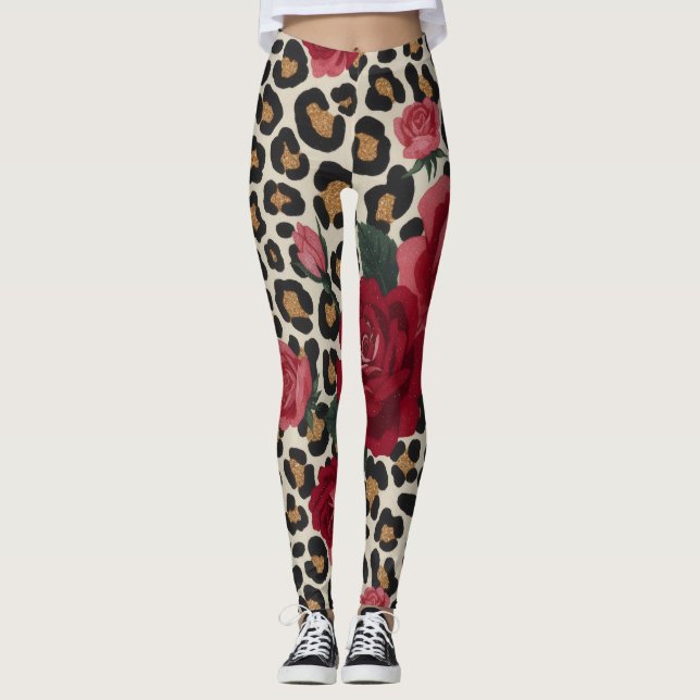 Legging Padrão de Rosas Vermelhas Leopardo (Frente)