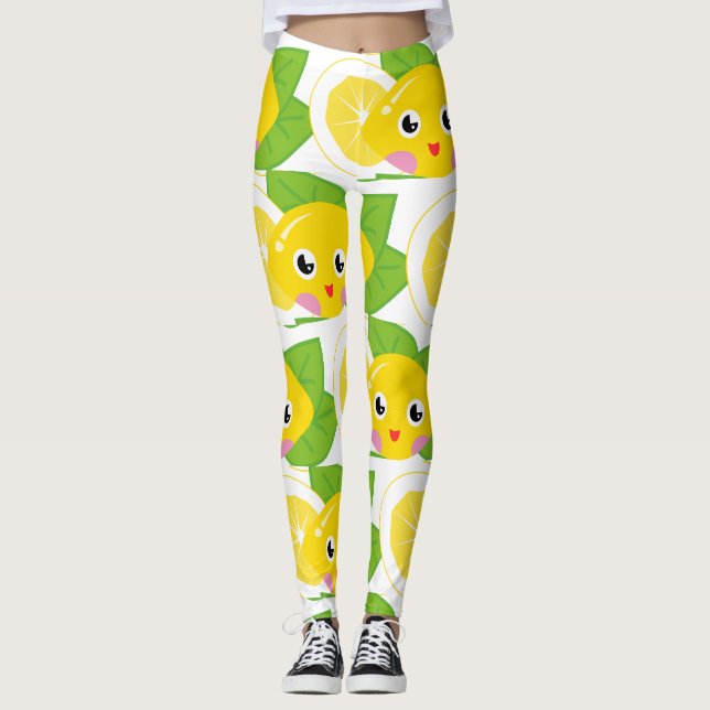 Legging Padrão de Rosto de Emoji de Limões Fofos (Frente)