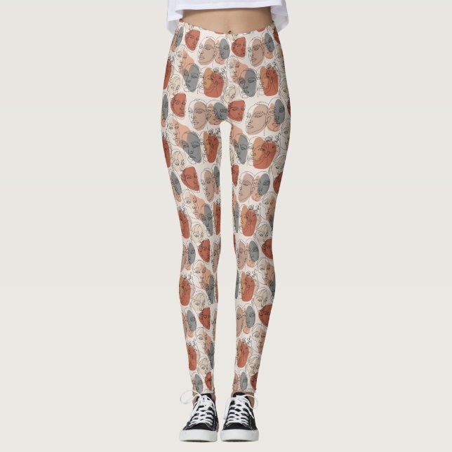 Legging Padrão de Rosto Feminino Abstrato (Frente)