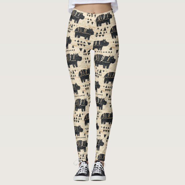 Legging Padrão de Safari de Hipopótamo Tribal (Frente)