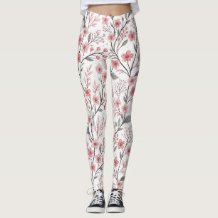 Legging Padrão de Sakura Flor de Cerejeira Rosa em Branco