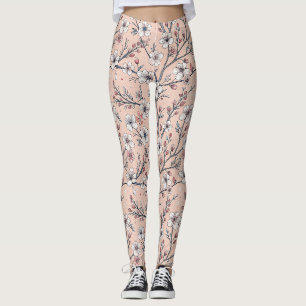 Legging Padrão de Sakura Flor de Cerejeira Rosa em Rosa