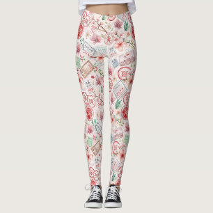 Legging Padrão de selo de viagem do mundo vintage (1)