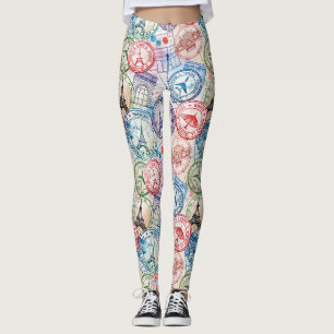 Legging Padrão de selo de viagem do mundo vintage (2)