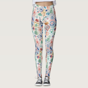 Legging Padrão de selo de viagem do mundo vintage (3)