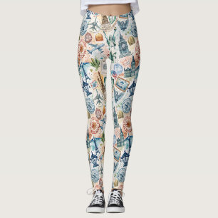 Legging Padrão de selo de viagem mundial vintage (6)