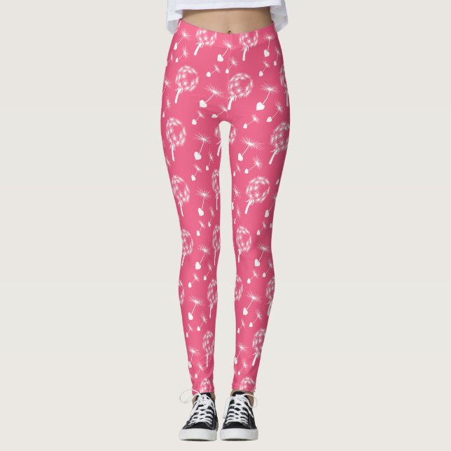 Legging Padrão de Sementes de Coração de Dandelion Rosa (Frente)