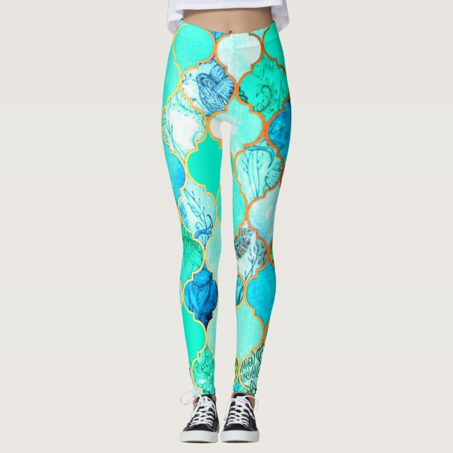 Legging Padrão de Sereia Verde Azul, Teal, Dourado (Frente)