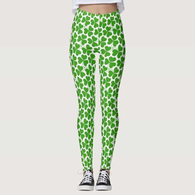 Legging Padrão de Shamrock de Dia de São Patrício branco e (Frente)
