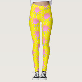 Legging Padrão de Sol Rosa Colorido e Divertido em Amarelo