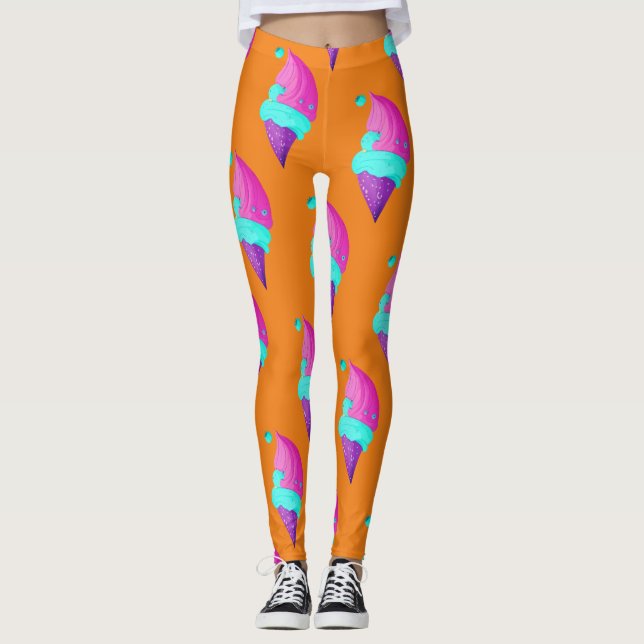 Legging Padrão De Sorvete Azul Rosa Girly Em Laranja (Frente)