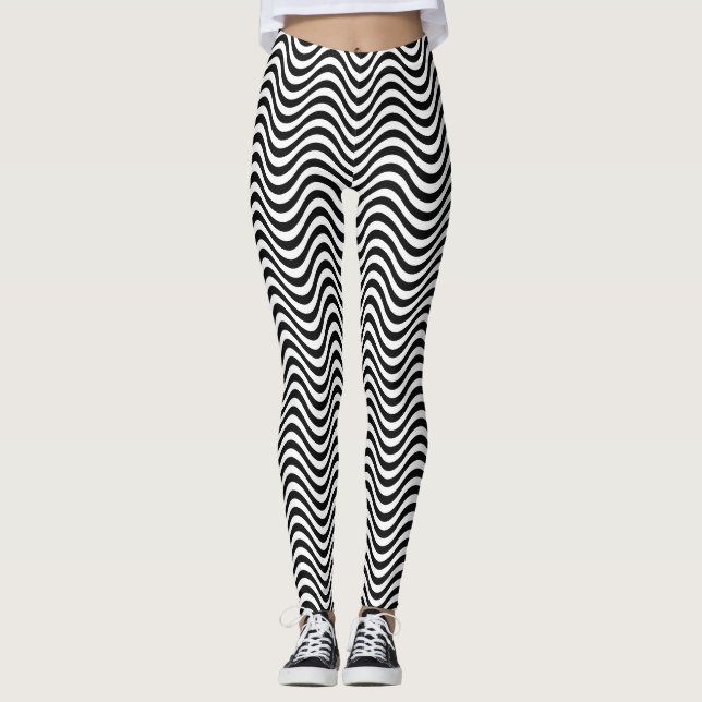 Legging Padrão de Stripes de Onda Preta e Branca (Frente)
