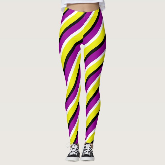 Legging Padrão de Stripes Roxo Amarelo (Frente)