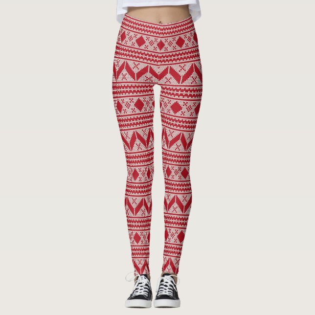 Legging Padrão de Suéter Feio de Natal Vermelho (Frente)