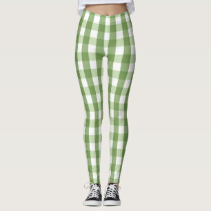 Legging Padrão de Tendência da Xadrez Gingham Verde-Oliv