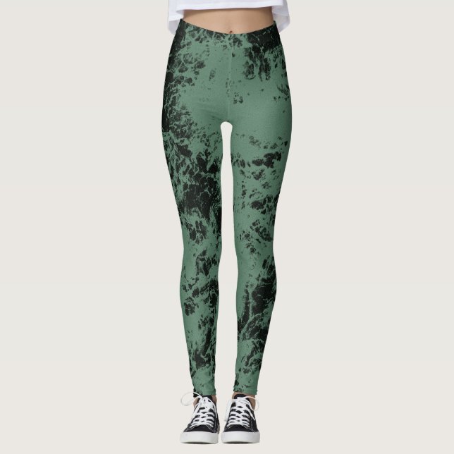 Legging Padrão de textura mármore em preto e verde (Frente)
