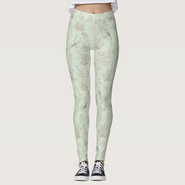 Legging Padrão de Toalete Botânico de Pássaro Sábio Elegan (Frente)