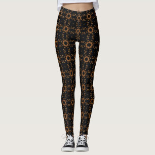 Legging Padrão de Treliça Floral em Bronze Preto Elegante